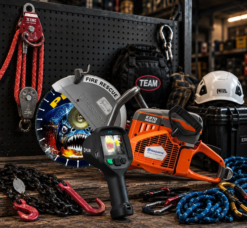 FLIR K95 thermal camera in front of a Husqvarna K970 Rescue saw, with CMC rope rescue hardware, chain and a Petzl helmet