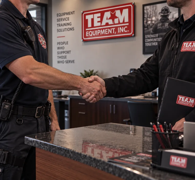 A first responder shaking hands with a Team Equipment specialist at the front counter