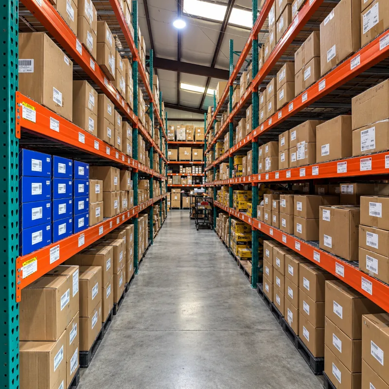 Warehouse aisle of pallet racking stocked with boxed equipment