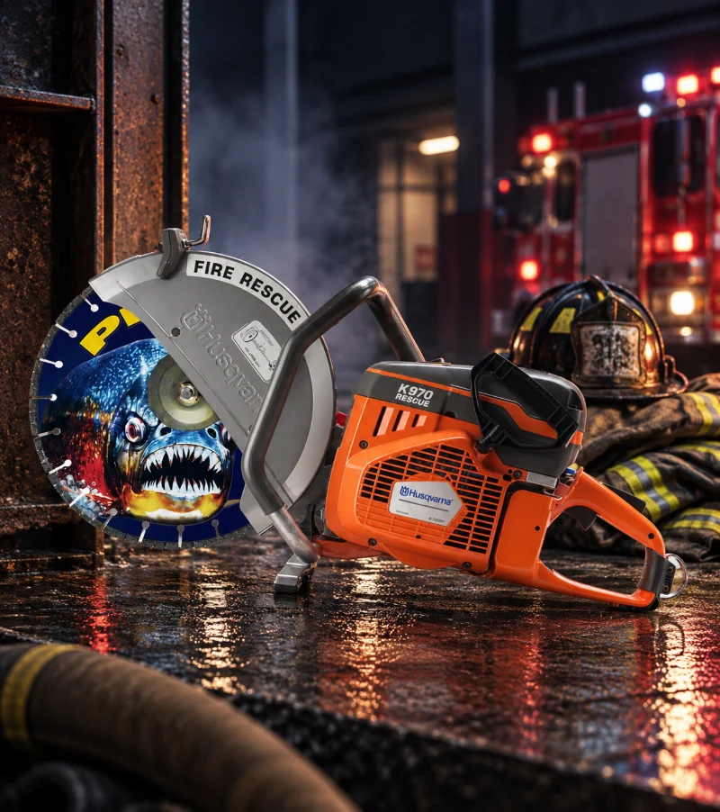 Husqvarna K970 rescue saw with a Piraya blade in front of a fire engine