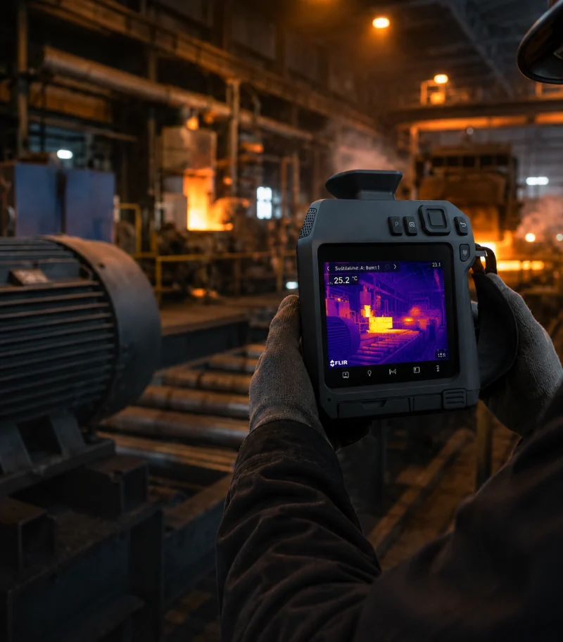 Thermal camera held up to a plant motor with a hot steel line behind it