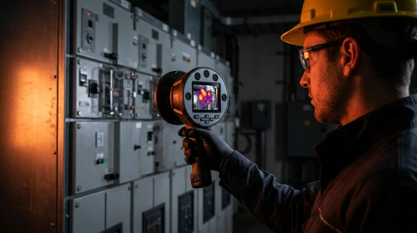 Technician scanning electrical switchgear with a FLIR acoustic imaging camera