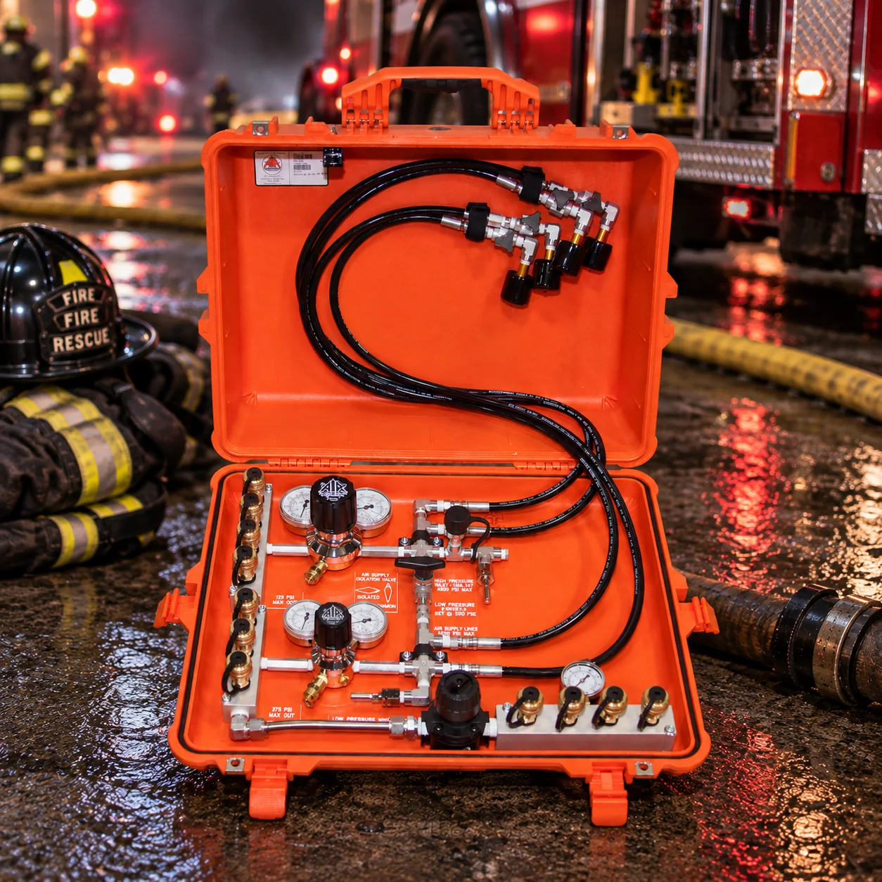 Air Systems MACK multi-air command kit open in its orange case at a night fire scene