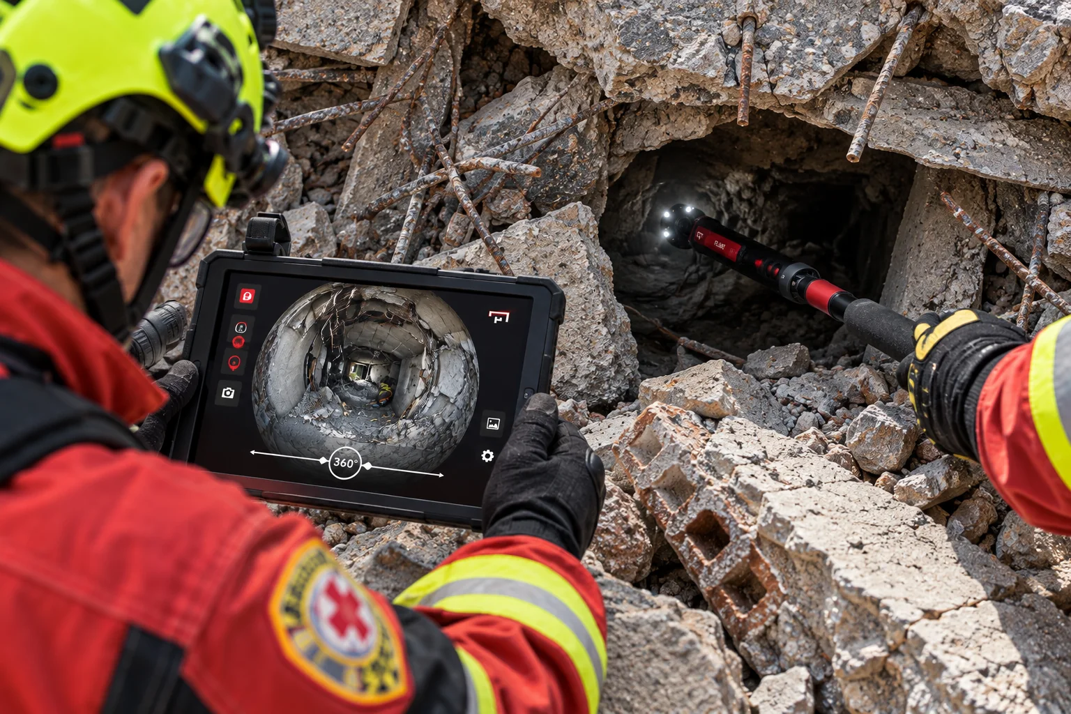 Rescuer watching the FirstLook 360 camera feed on a tablet while the probe searches a void in collapsed concrete