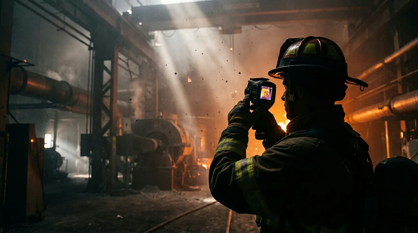 Firefighter raising a FLIR K-Series thermal camera in smoke