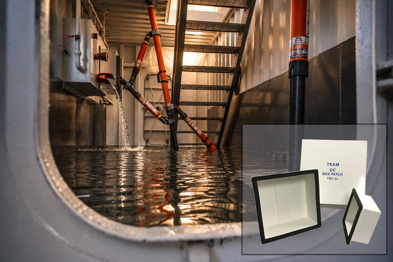 Crew seating a TEAM TBP-24 box patch over a leaking bulkhead below decks