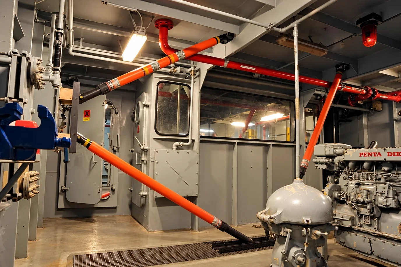 Paratech shoring struts braced across a flooded ship compartment