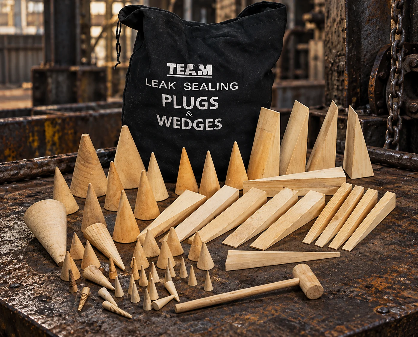 TEAM leak sealing plugs and wedges kit laid out with its bag and striking mallet