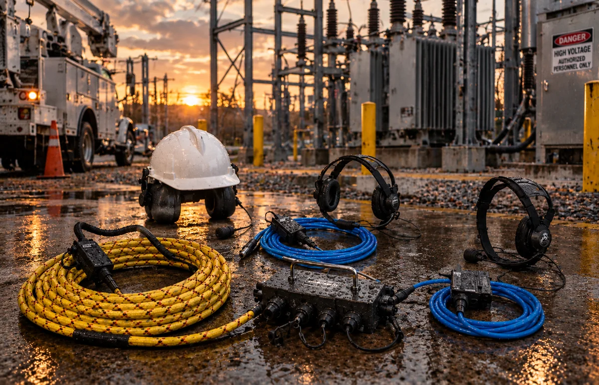 RESCOM hard-line communication kit with hard hat, headsets and cable spools staged at a substation at sunset